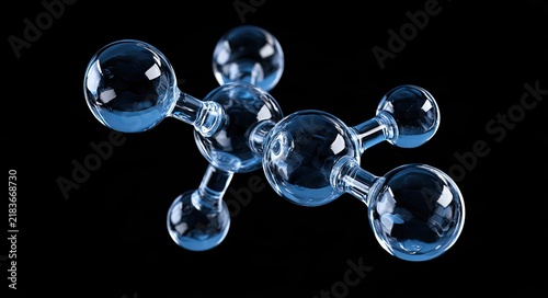 Translucent molecular structure with spherical nodes on black background