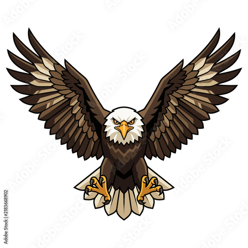Majestic bald eagle soaring with outstretched wings, white background