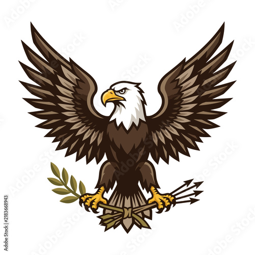 Majestic Bald Eagle with Olive Branch and Arrows Emblem, Symbolizing Power and Peace