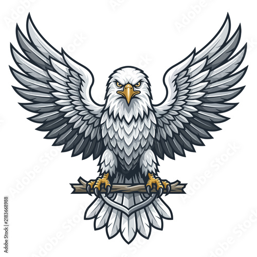 Majestic bald eagle spread wings, perched on branch, fierce gaze, powerful symbol, USA emblem