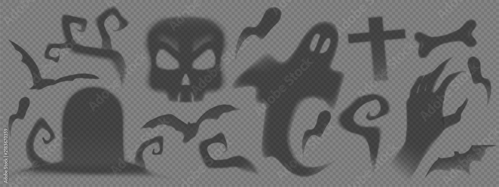 Obraz premium Spooky Halloween ghost shadow set isolated on transparent background. Vector realistic illustration of creepy cemetery tomb, monster hand, skull, flying bat silhouettes, fog effects for horror designs