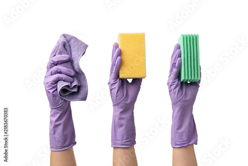 Three hands wearing purple rubber cleaning gloves holding a purple cloth, a yellow sponge, and a green scrubber isolated on a transparent background