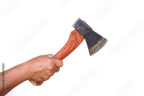 Hand holding a traditional woodcutting axe with a wooden handle isolated on white background, representing forestry, woodworking, construction, manual labor, outdoor work, and traditional tools.