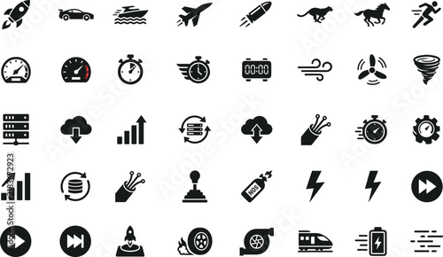 Black Flat Icons Set Featuring Speed Technology Weather and Transportation Elements
