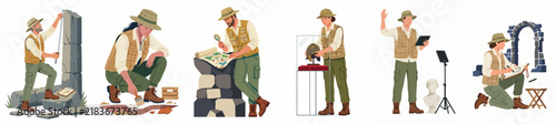 Set of illustrations featuring professional archaeologists excavating, cleaning, documenting, and studying ancient artifacts and historical ruins in various field and lab settings.