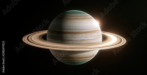 Majestic ringed planet glows against deep space, lit by distant sun