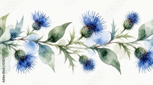 Watercolor blue thistle floral branch border. Delicate purple wildflower blossoms with green leaves on white background. Elegant botanical plant pattern for wedding invitation, greeting card design
