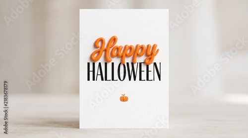 Minimalist Happy Halloween greeting card with orange 3D typography on white background