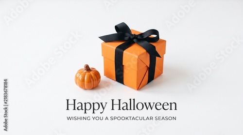 Orange Halloween gift box with black ribbon and small pumpkin on white background