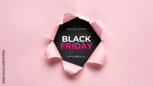 Black Friday special offer poster with torn pink paper. Creative sale banner featuring white and pink typography on a black background hole