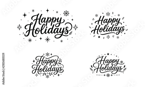 A collection of elegant happy holidays greeting card designs featuring artistic black ink calligraphy and creative decorative ypography styles