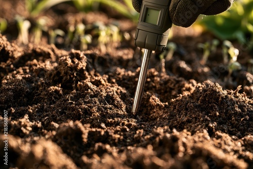 Soil moisture probe testing loamy garden soil with seedlings in the background