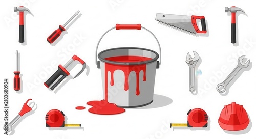 Illustrative Collection Of Red And Silver Construction Tools And A Paint Bucket