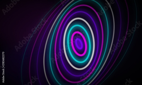 Fotografie Neon glowing oval rings on dark background, futuristic purple and blue light cir