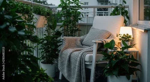 Inviting Balcony Oasis With Cozy Chair And Lush Greenery