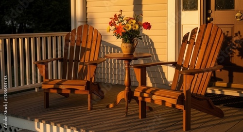Inviting Porch Scene With Adirondack Chairs And Flowers At Sunset
