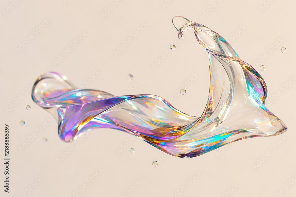 Obraz premium Abstract colorful water droplet splashing in slow motion with iridescent rainbow refraction, transparent liquid physics, artistic macro photography on light background