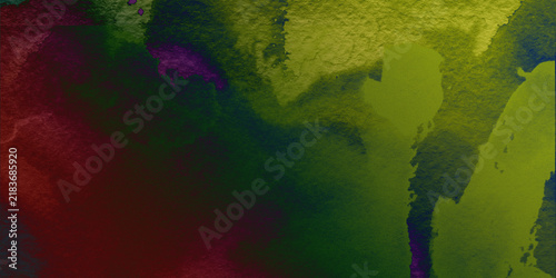 Fotografie Abstract blend of dark red, deep green, and yellow brushstrokes with visible tex