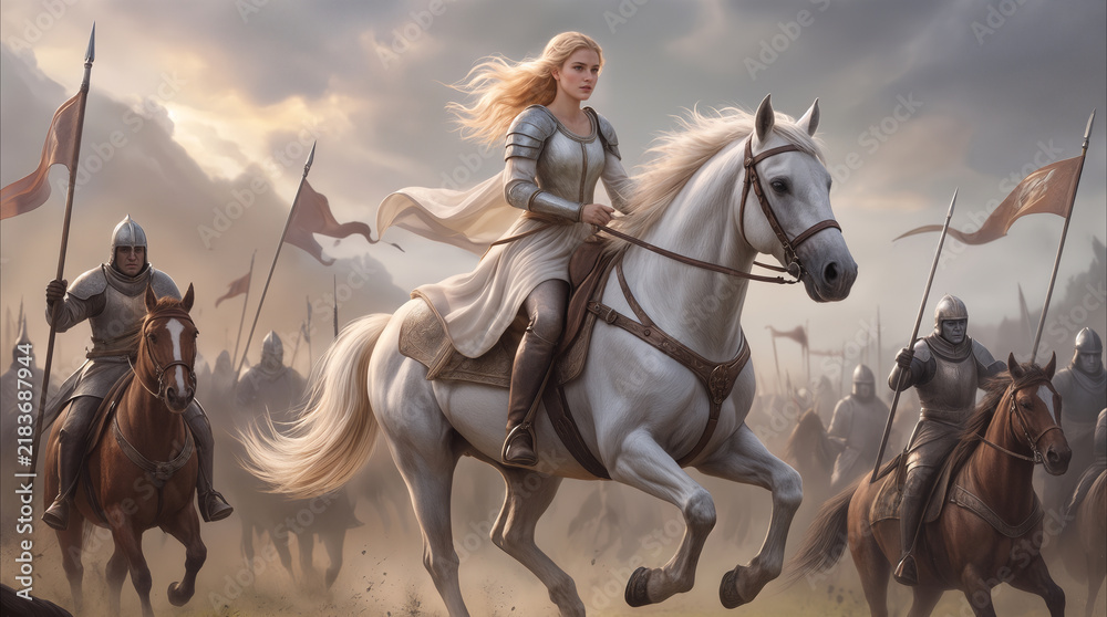 Fototapeta premium Cavalry commander leading army into battle. Blonde woman in silver plate armor riding white horse at head of medieval military force.