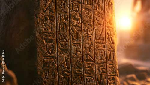 Ancient stone tablets, adorned with enigmatic hieroglyphs, glow under the warm, golden light of a sunset, creating an atmosphere that evokes wonder and the potential for discovery, even though no one 