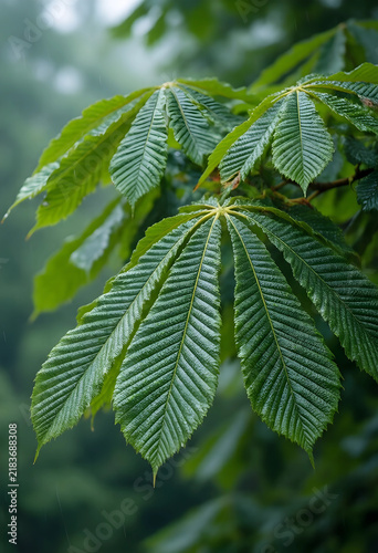Nature conservation and ecology  horse chestnut leaves with rain droplets in a forest  environmental sustainability and botanical growth in spring