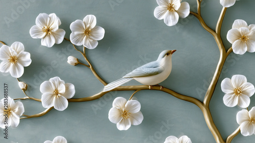 Chinoiserie wallpaper with a bird perched on a branch of flowers  