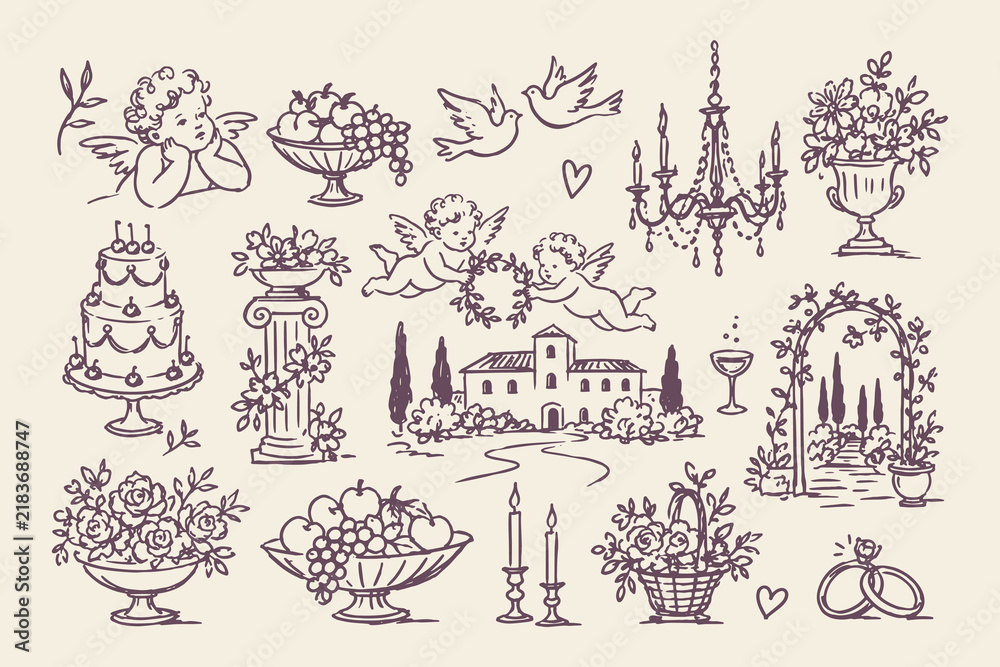 Fototapeta premium Wedding Celebration Vintage Hand Drawn Doodle Set