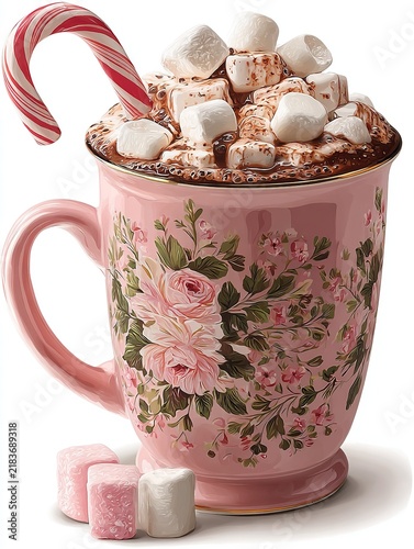 Pink floral mug hot chocolate, Sweet Christmas treat dessert, Holiday beverage winter background