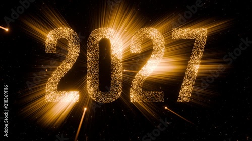 Golden 2027 numbers glow with starburst light in seamless loop