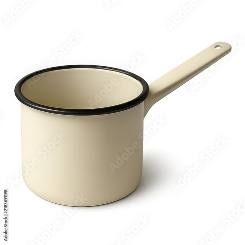 Cream enamel saucepan with black rim and long handle, isolated on white, ideal for cookware and kitchen concepts.