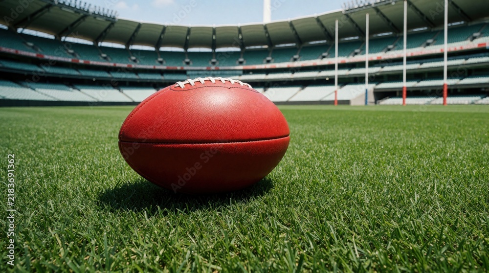 Obraz premium Red Australian Rules football rests on manicured green grass field. Empty stadium with seating and goal posts forms background under cloudy sky. Sports game setup.
