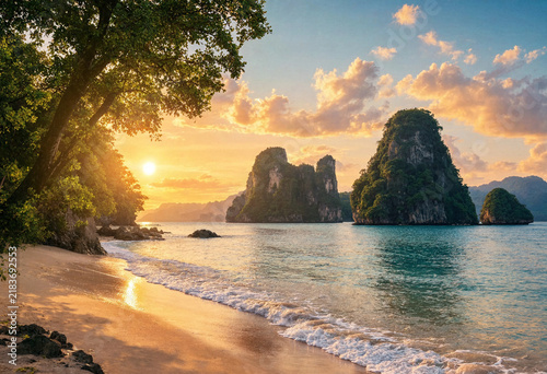 Golden Hour Sunset on a Tropical Beach with Islands