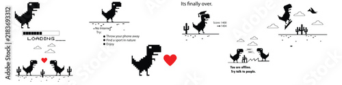 Pixel T-rex dinosaur offline game vector illustration set featuring loading bar graduation love hearts skateboard and funny no internet warning messages