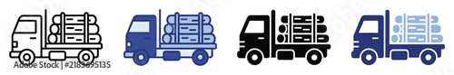 Logging truck icons set depicting timber transport vehicles in various styles including outline solid and color variations for industrial use