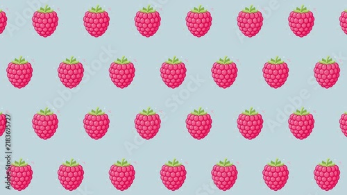 Seamless loop raspberry fruit pattern background on light blue