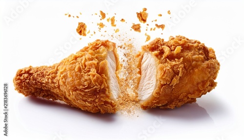 crispy golden brown fried chicken tender broken in half revealing juicy white meat with flying crumbs isolated on white background