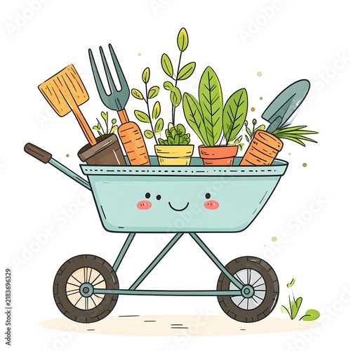 Happy Wheelbarrow Loaded With Gardening Tools.