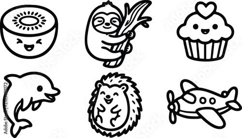 Diverse collection of cute black and white vector graphic icons featuring friendly animals food items and a small airplane illustration