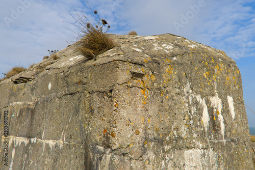 Canvastavla Scenic landscape with concrete shelter at Pointe du Hoc world war II D Day memorial site on a summer day
