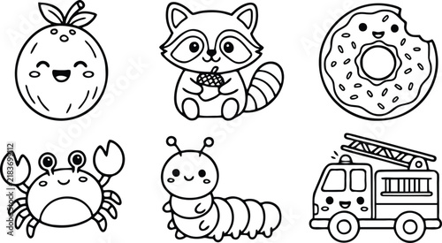 Cute vector graphic set featuring adorable black and white outline illustrations of animals food and a fire truck vehicle design
