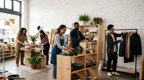 Diverse team working in a modern boutique retail store
