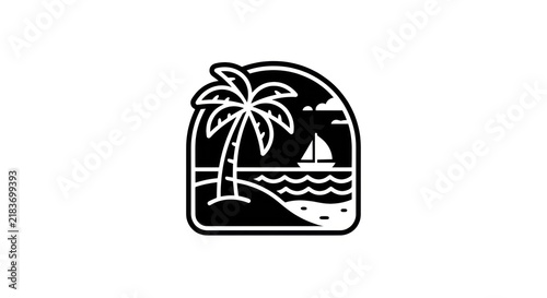 Minimalist black and white illustration of a tropical beach scene with a palm tree and sailboat.