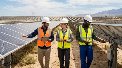 Solar panel engineers inspect renewable energy farm