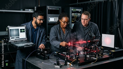 Scientists conducting advanced laser experiment in a modern laboratory setting