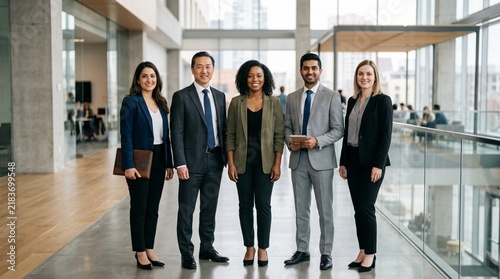 Diverse Business Team Standing Confidently in Modern Office Hallway
