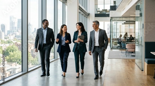 Diverse Business Team Walking in Modern Office Hallway with City View