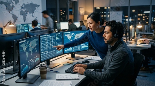 Diverse colleagues analyze global data on monitors in a modern control room.