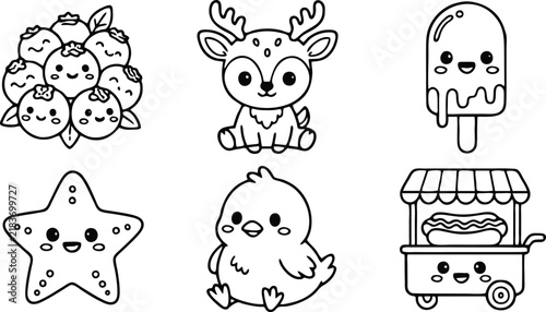 Kawaii collection of adorable black and white vector outline illustrations featuring cute food characters and friendly forest animal line art