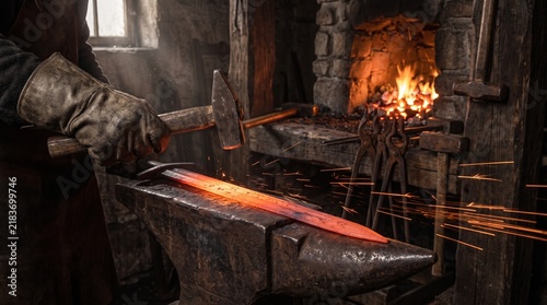 Naklejka Blacksmith in a medieval forge