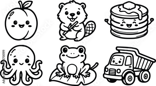 Cute kawaii vector collection featuring a happy peach beaver pancakes octopus frog and a dump truck for kids coloring design